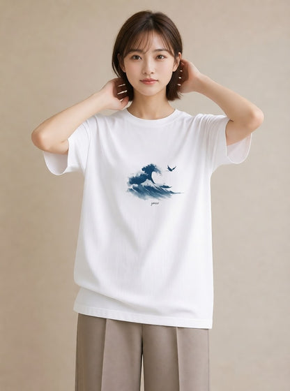 半袖Tシャツ レディース 海 星空 宇宙 イラスト 春服 ミセス 白T YMAZO