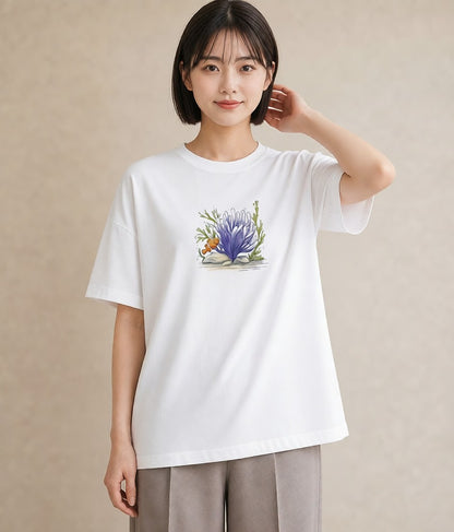 半袖Tシャツ レディース サンゴ 海の生き物 海 イラスト ユニーク 帰省 ラフ 白T YMAZO
