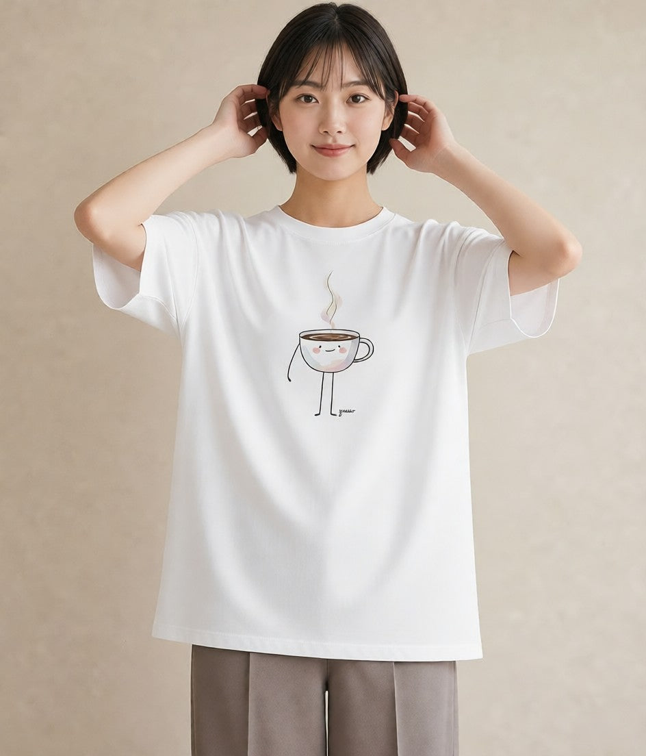 プリントTシャツ レディース コーヒー カフェ 珈琲 イラスト ガーリー 休日 ペアコーデ 白T YMAZO