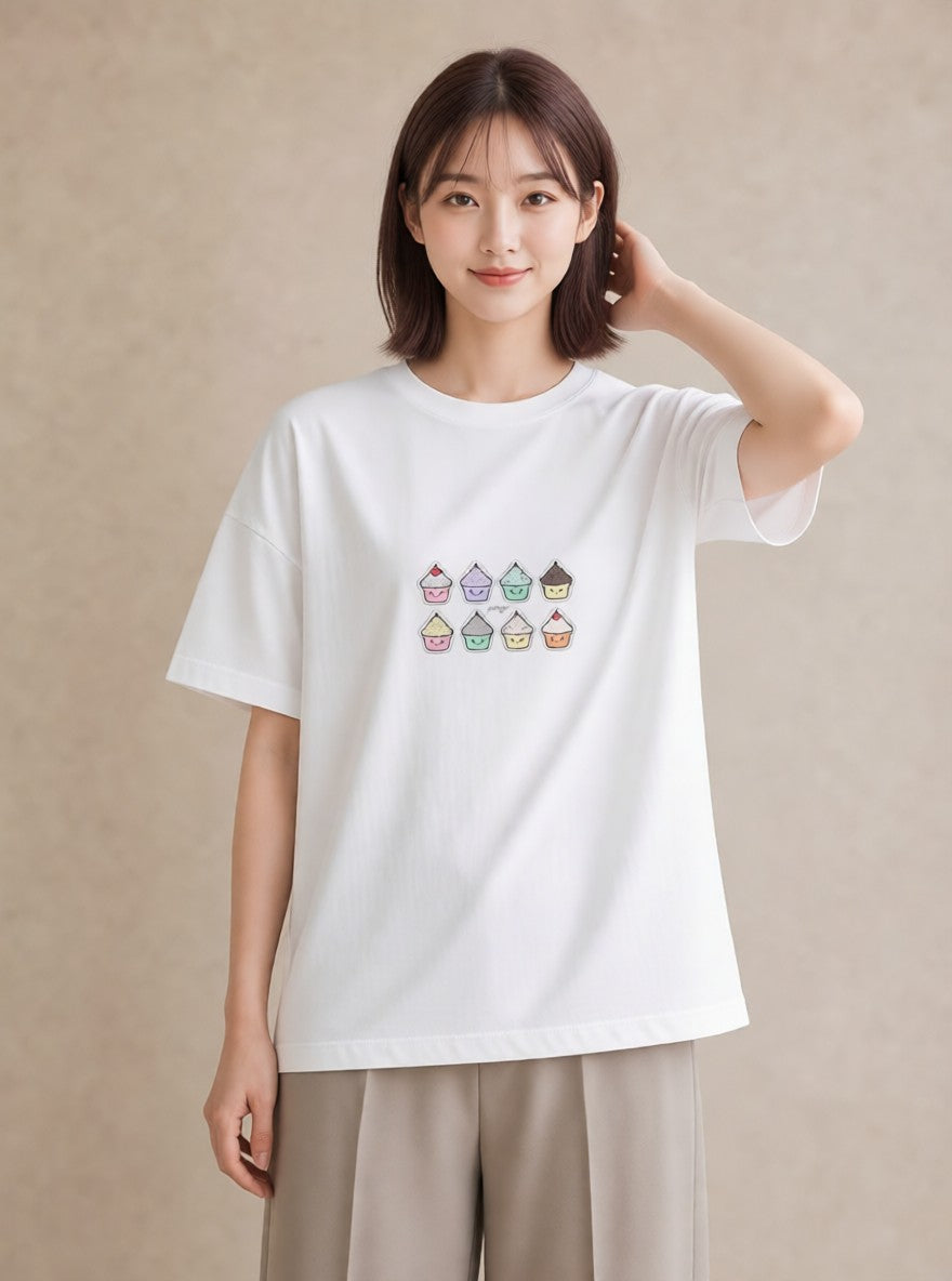 半袖Tシャツ レディース マフィン 食べ物 フード イラスト お洒落 自分用 ルームウェア 白T YMAZO