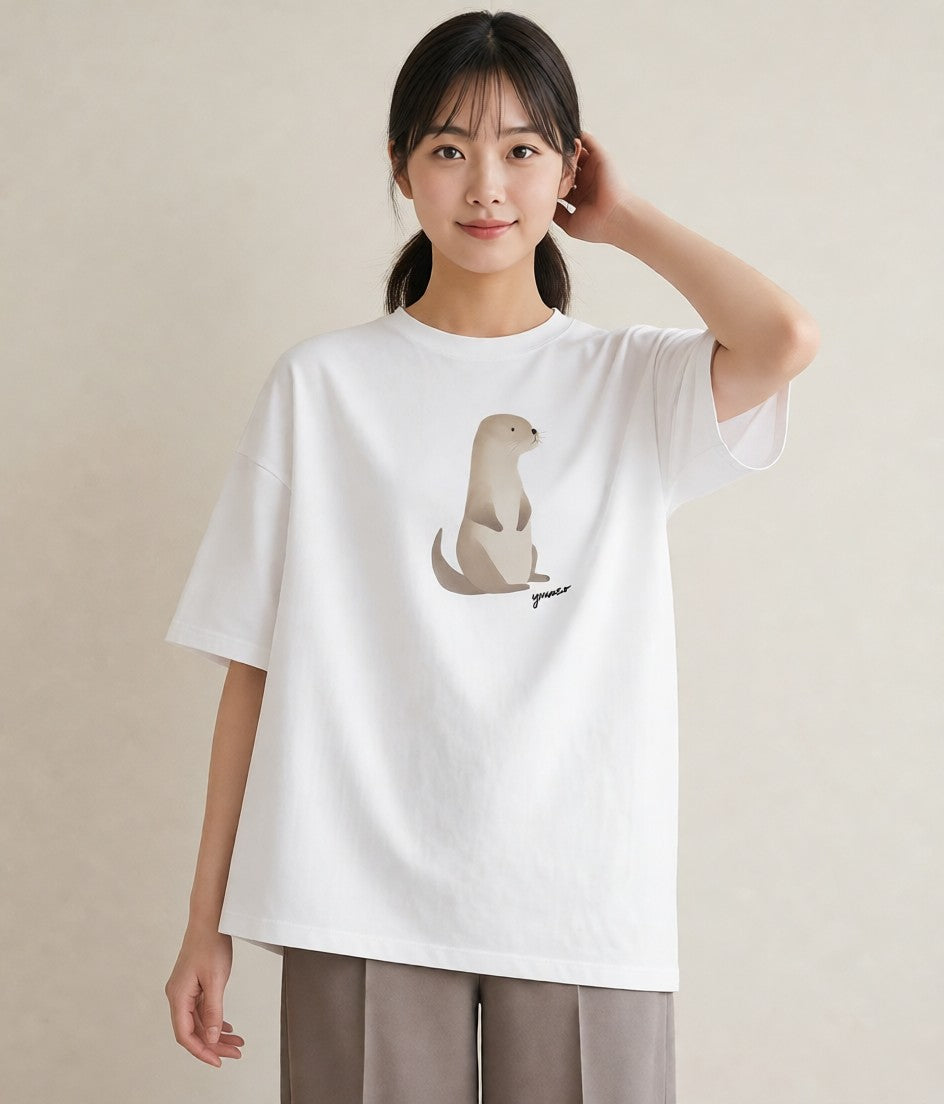 グラフィックTシャツ レディース フェレット ペット 動物 イラスト 線画 カジュアルコーデ 買い物 白T YMAZO