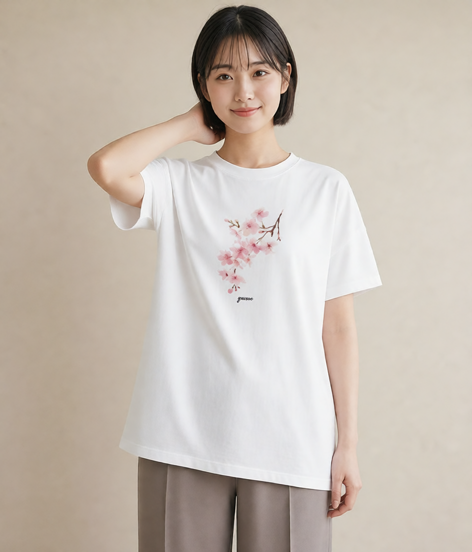 デザインTシャツ レディース 梅 花 花柄 イラスト レトロ 誕生日プレゼント 綿100 白T YMAZO