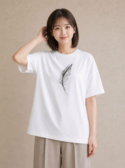 グラフィックTシャツ レディース 扇子 そよ風 ナチュラル アンティーク イラスト 買い物 夏コーデ 白T YMAZO