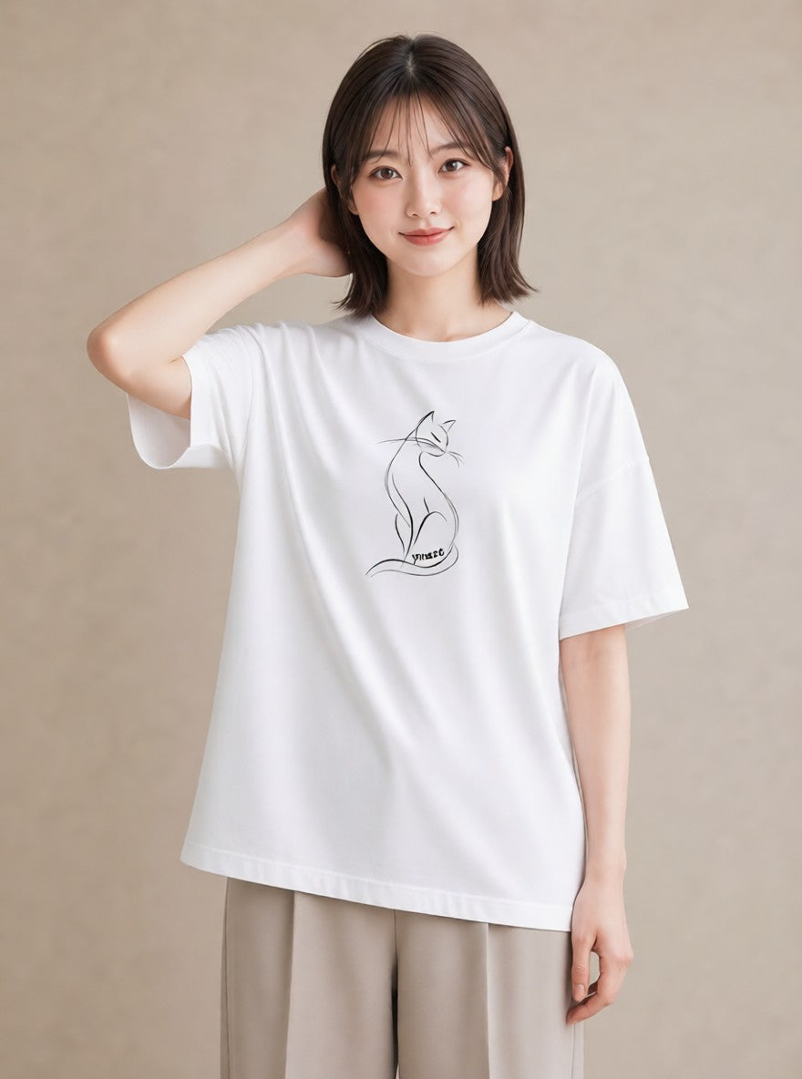 デザインTシャツ レディース 猫 ねこ ネコ イラスト 韓国風 夏コーデ 通学 白T YMAZO