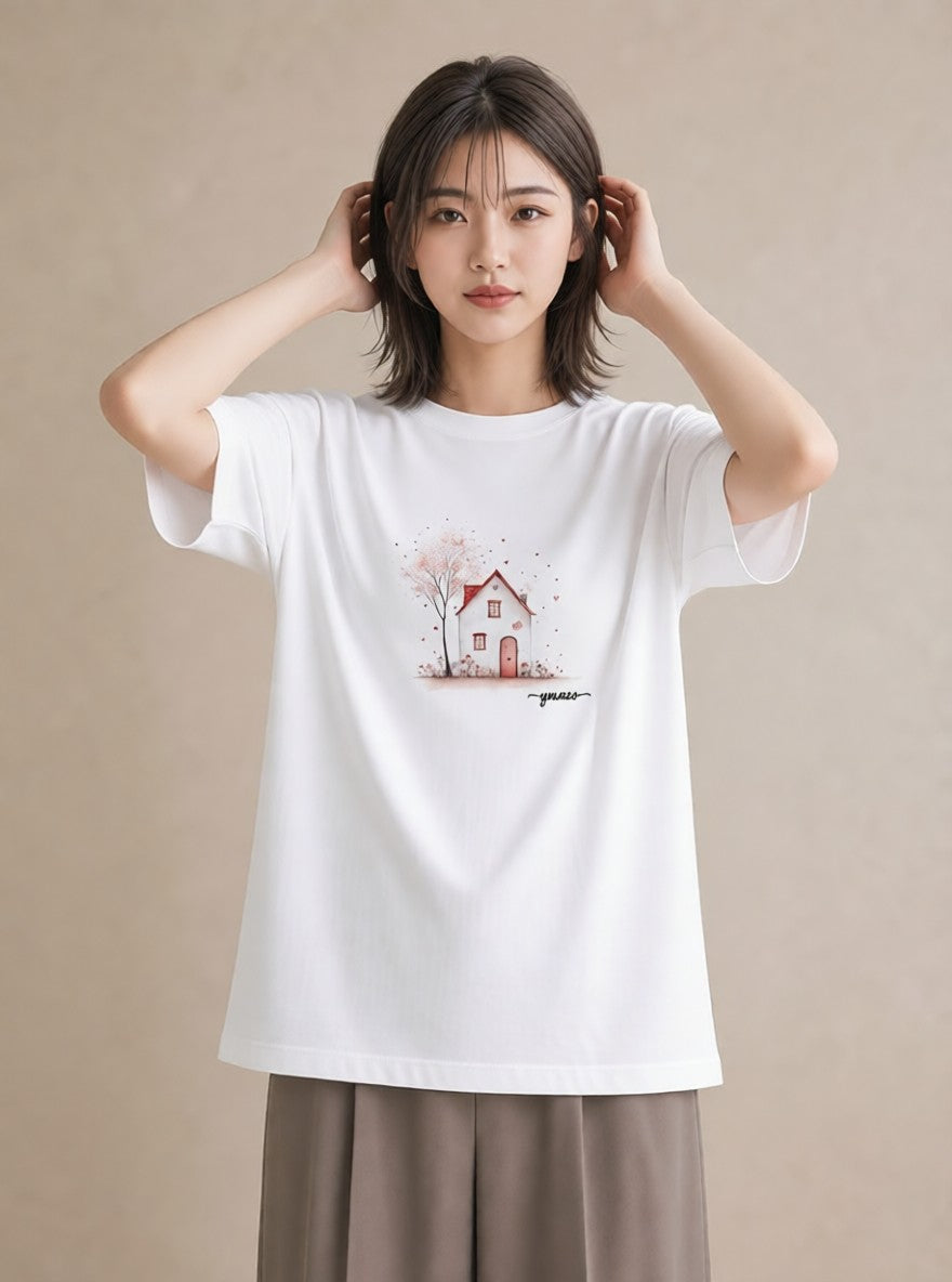 半袖Tシャツ レディース 遠い家と鳥 風景 鳥 ナチュラル アンティーク イラスト ヴィンテージ風 レイヤード 友達ギフト 白T YMAZO