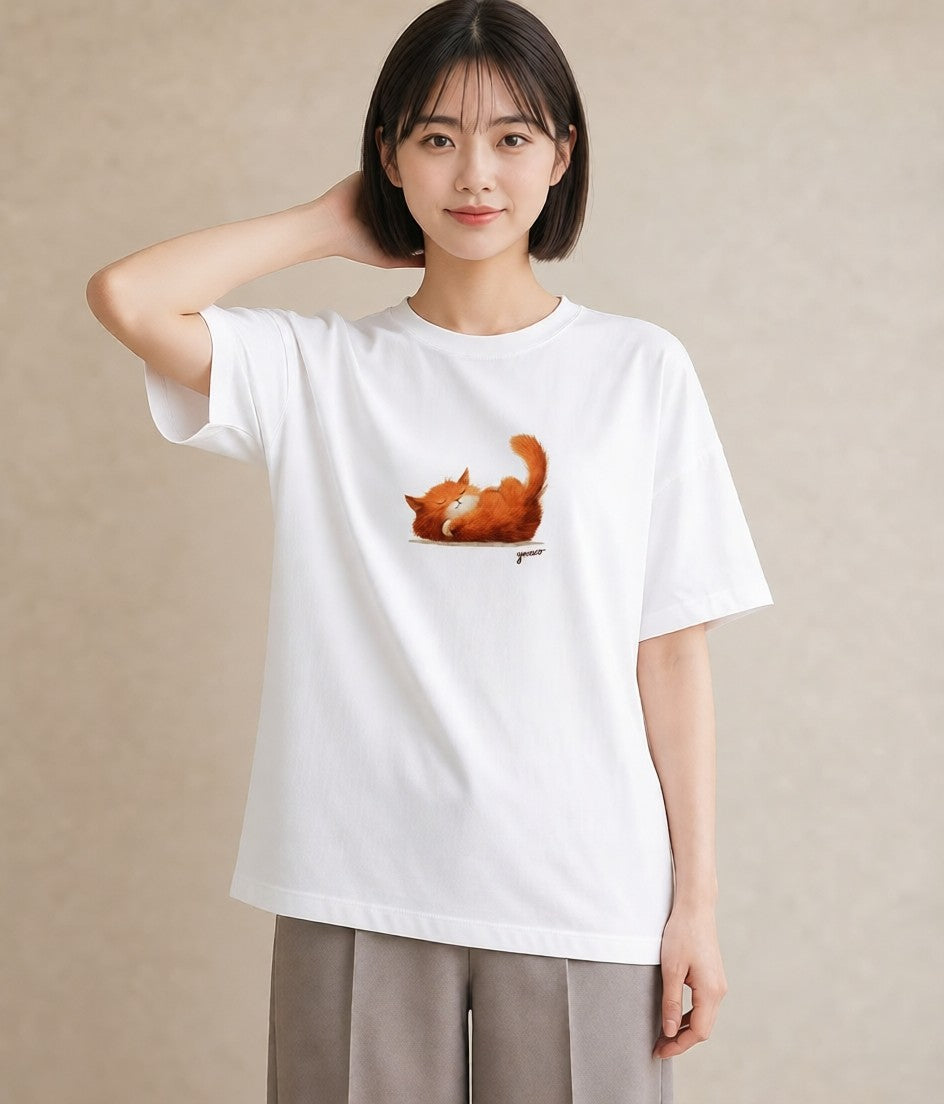 グラフィックTシャツ レディース 茶トラ 茶猫 猫 ねこ イラスト カフェ服 クリスマス 白T YMAZO