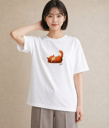 グラフィックTシャツ レディース 茶トラ 茶猫 猫 ねこ イラスト カフェ服 クリスマス 白T YMAZO