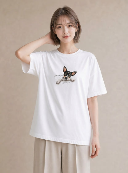 半袖Tシャツ レディース チワワ 犬 いぬ イラスト シック デイリーウェア 休日 白T YMAZO