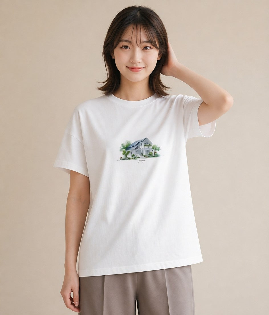 グラフィックTシャツ レディース 灯りの家 小屋 夜 ナチュラル アンティーク イラスト きれいめ ギフト 母の日 白T YMAZO