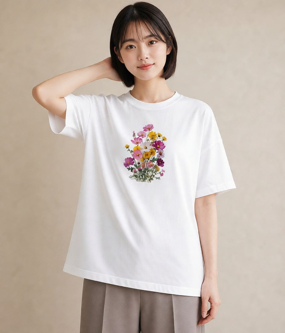 半袖Tシャツ レディース コスモス 秋桜 花 花柄 イラスト ゆるかわ お出かけ 普段着 白T YMAZO