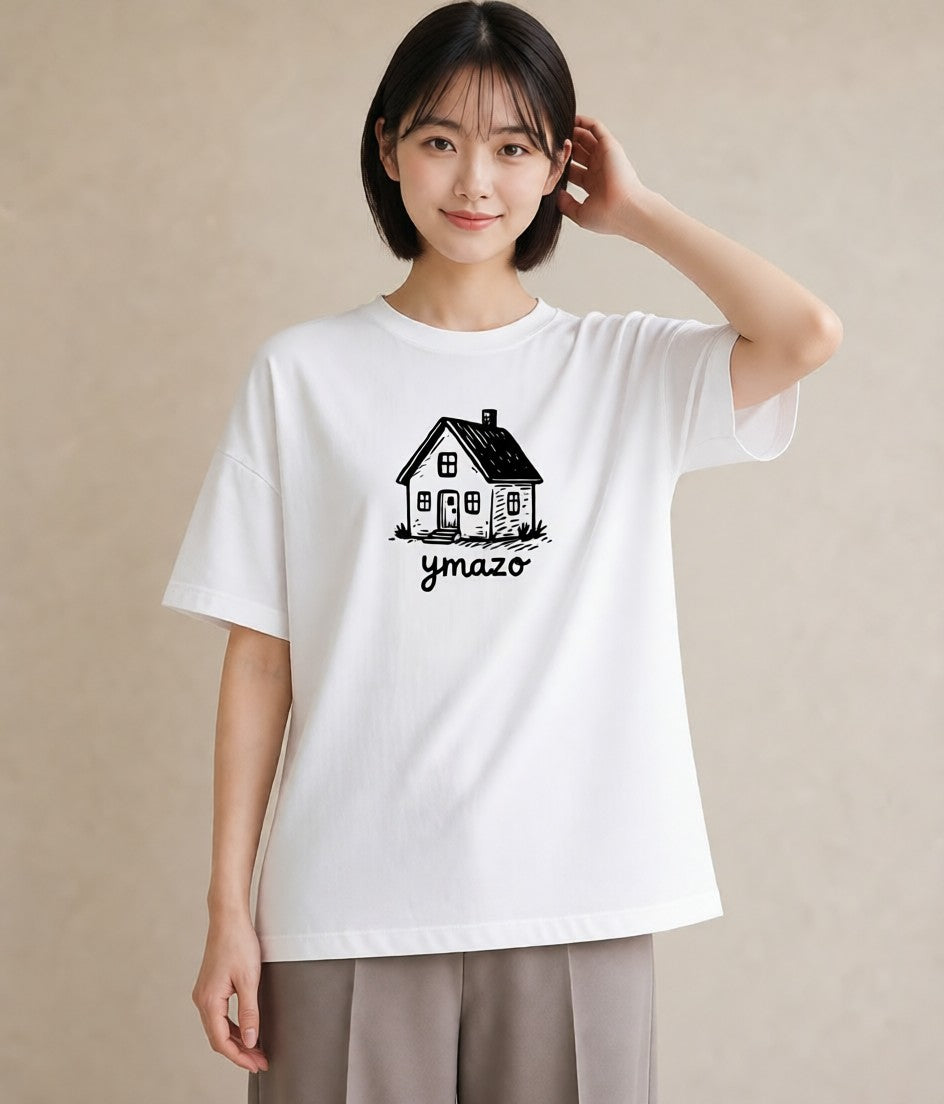 デザインTシャツ レディース 湖畔の小屋 湖 小屋 ナチュラル アンティーク イラスト 上品 秋コーデ おしゃれギフト 白T YMAZO