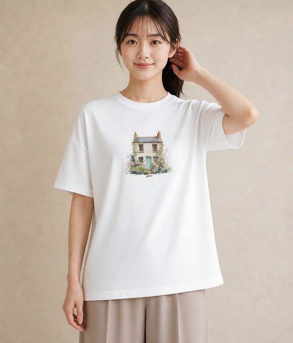 プリントTシャツ レディース 灯りの家 小屋 夜 ナチュラル アンティーク イラスト 普段使い 姉妹 送別ギフト 白T YMAZO