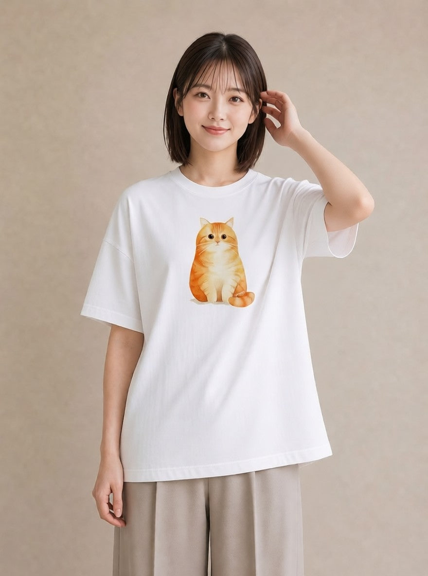 半袖Tシャツ レディース おすわり猫 猫 ねこ イラスト 手描き風 親子 20代 白T YMAZO