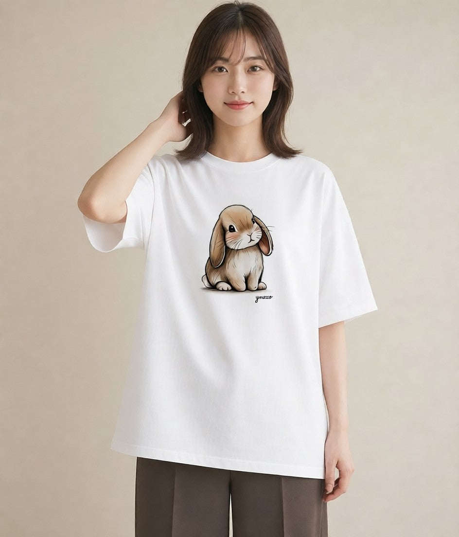 半袖Tシャツ レディース ロップイヤー ペット 動物 イラスト カフェコーデ 社会人 女性 白T YMAZO