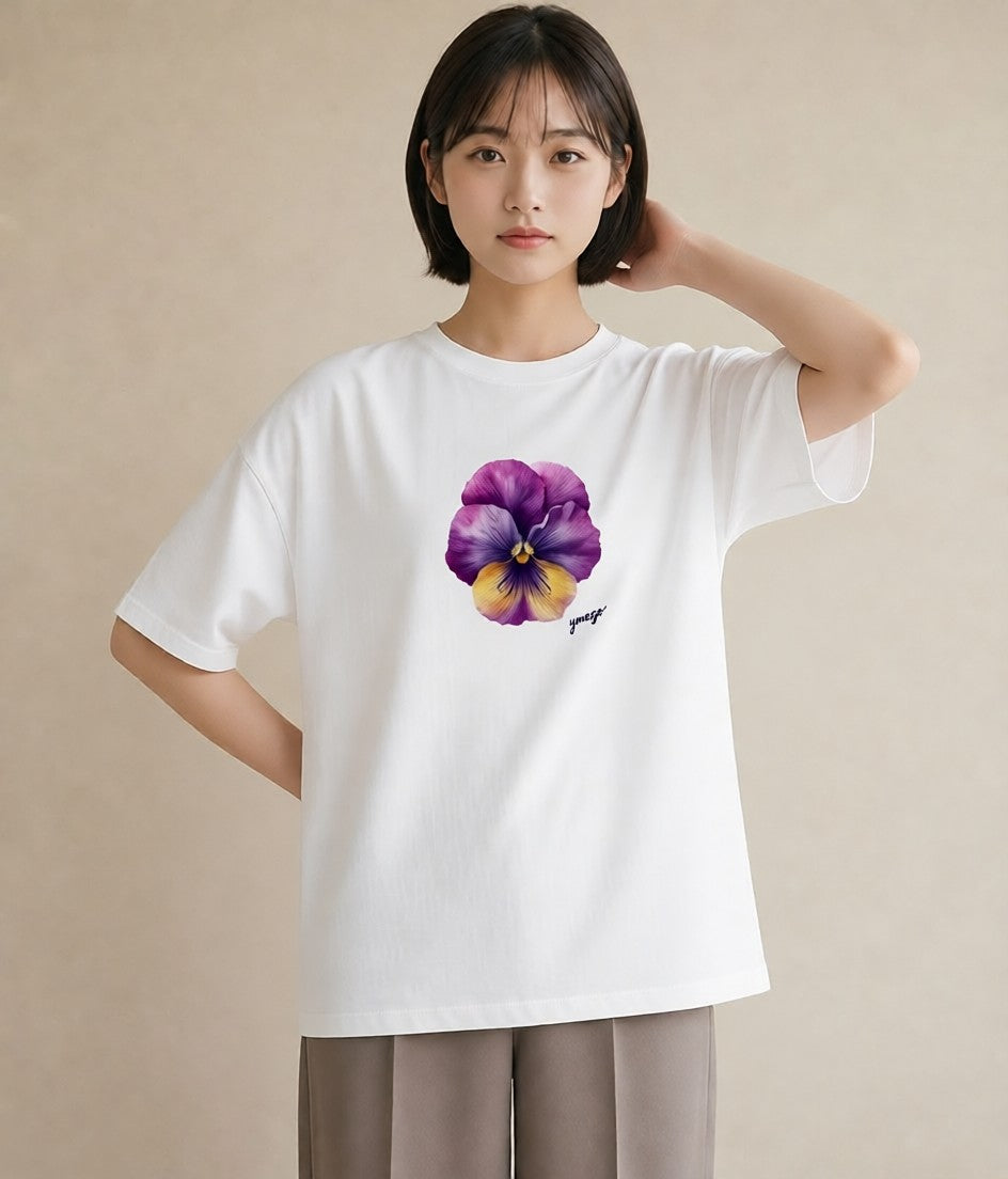 Tシャツ レディース スミレ 花 花柄 イラスト ヴィンテージ風 海 カフェ巡り 白T YMAZO