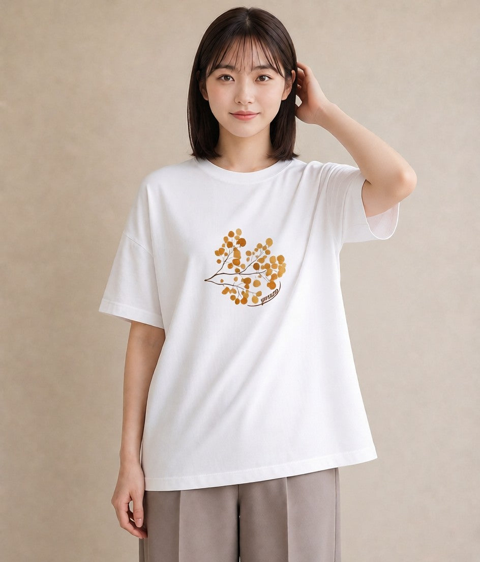 グラフィックTシャツ レディース 落ち葉 植物 ボタニカル イラスト 韓国風 レイヤード 友達ギフト 白T YMAZO