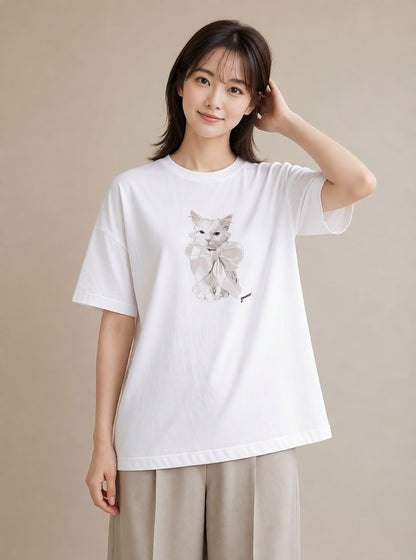 グラフィックTシャツ レディース 白猫 猫 ねこ イラスト ゆるコーデ 送別ギフト 通勤 白T YMAZO