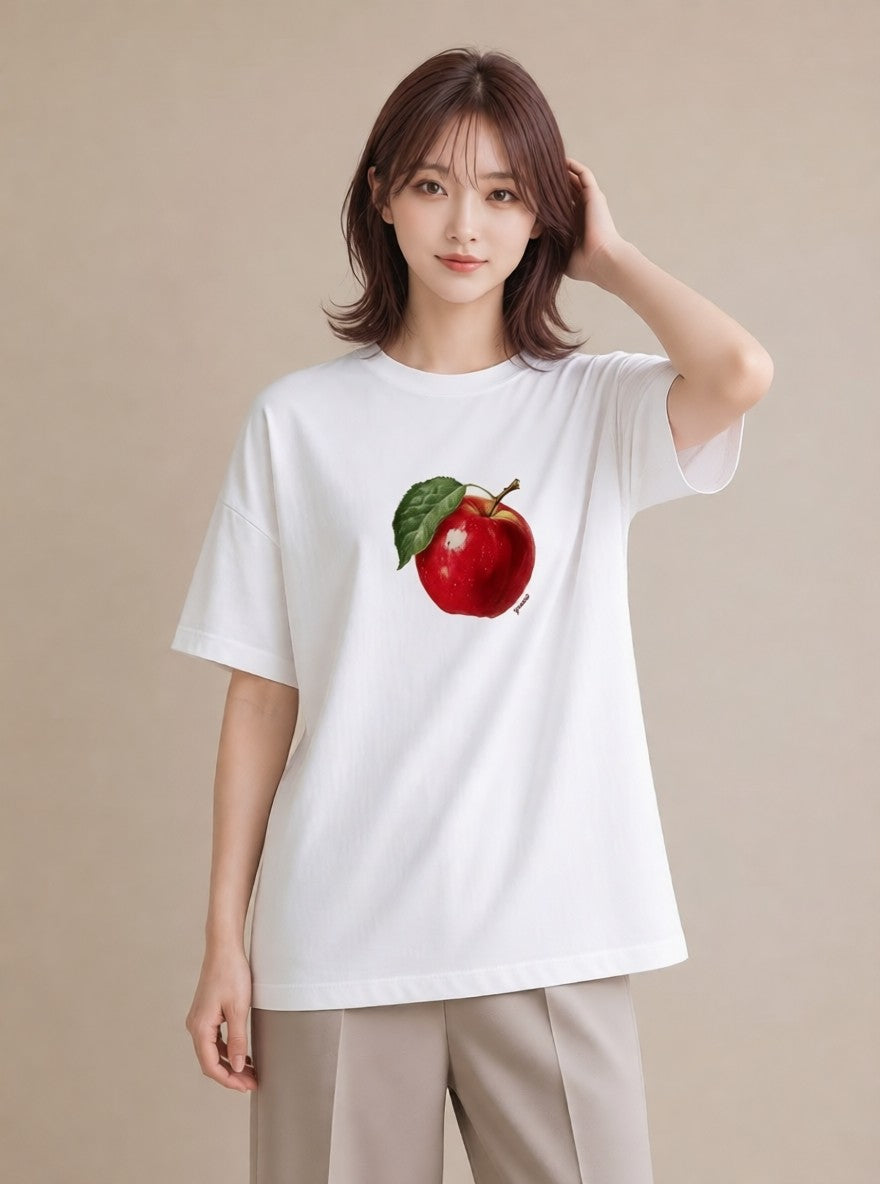 グラフィックTシャツ レディース りんご 林檎 アップル 食べ物 フード イラスト レトロ 友達ギフト 部屋着 白T YMAZO