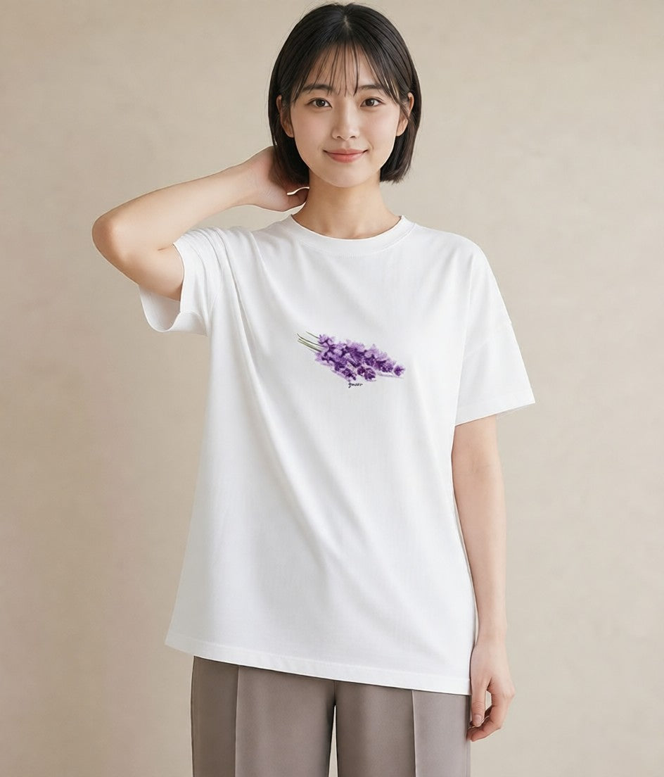 半袖Tシャツ レディース ラベンダー 花 花柄 イラスト カフェコーデ 誕生日プレゼント 綿100 白T YMAZO