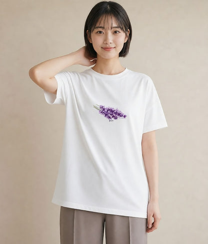 半袖Tシャツ レディース ラベンダー 花 花柄 イラスト カフェコーデ 誕生日プレゼント 綿100 白T YMAZO