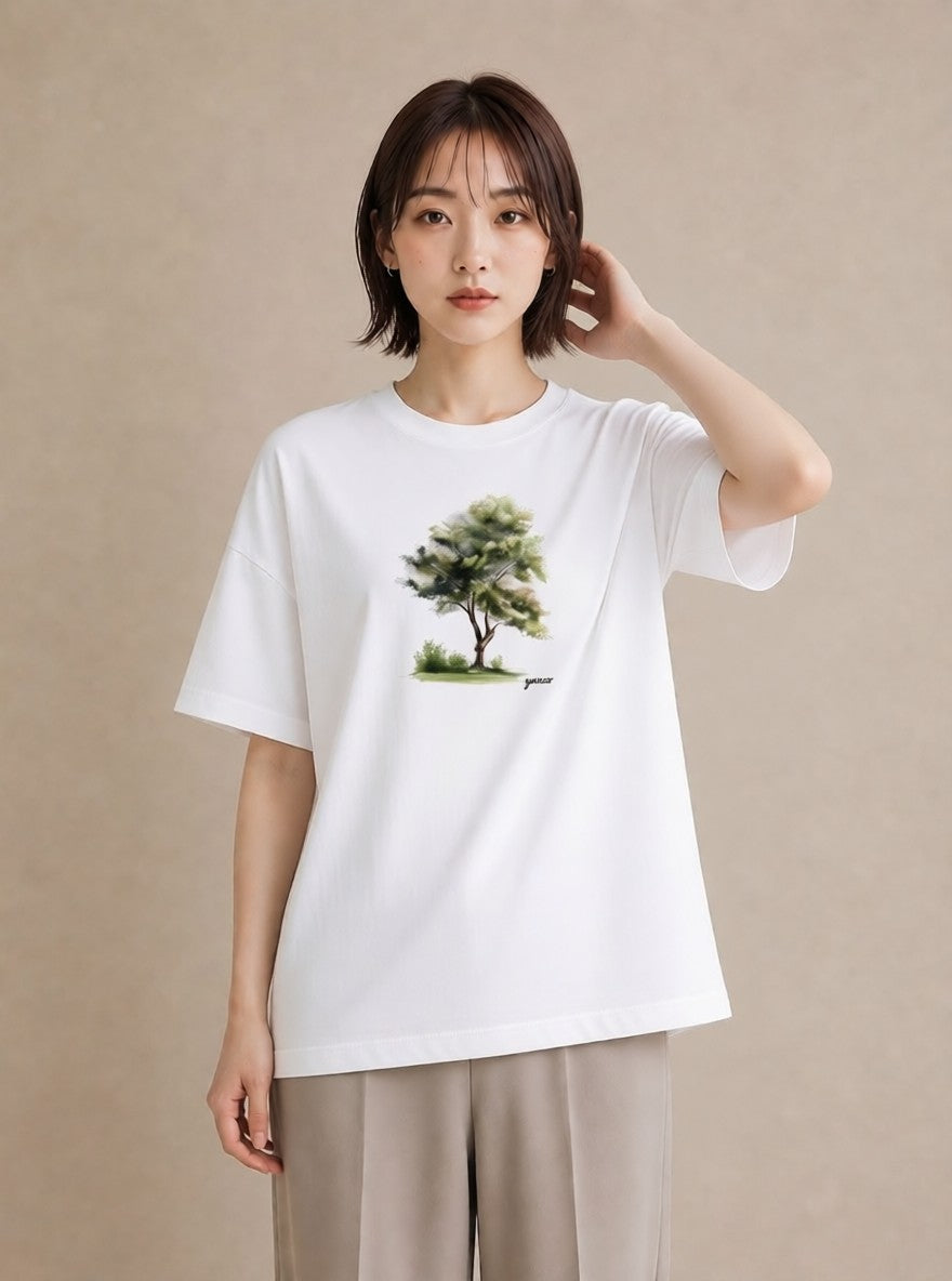 デザインTシャツ レディース 木 植物 ボタニカル イラスト 韓国風 ホワイトデー 春服 白T YMAZO