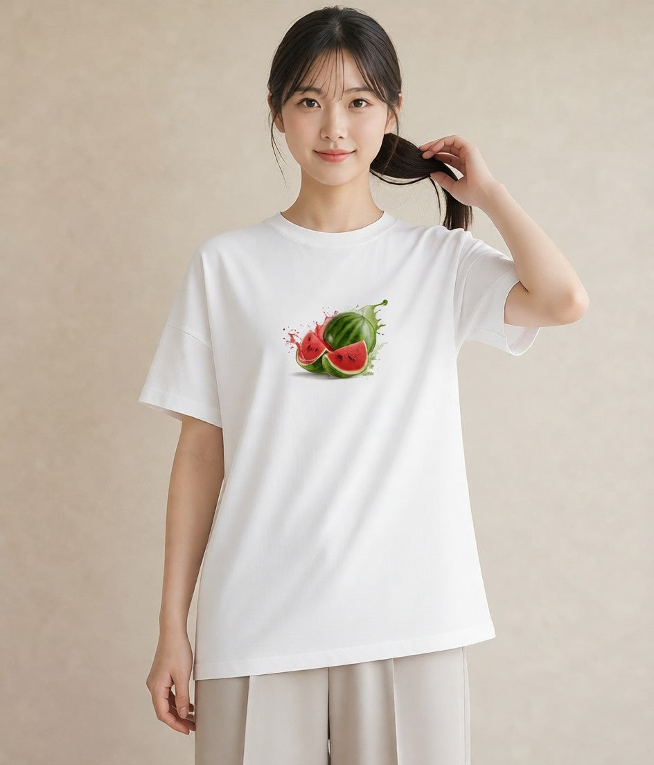 プリントTシャツ レディース すいか 食べ物 フード イラスト 韓国風 母娘コーデ 自分用 白T YMAZO