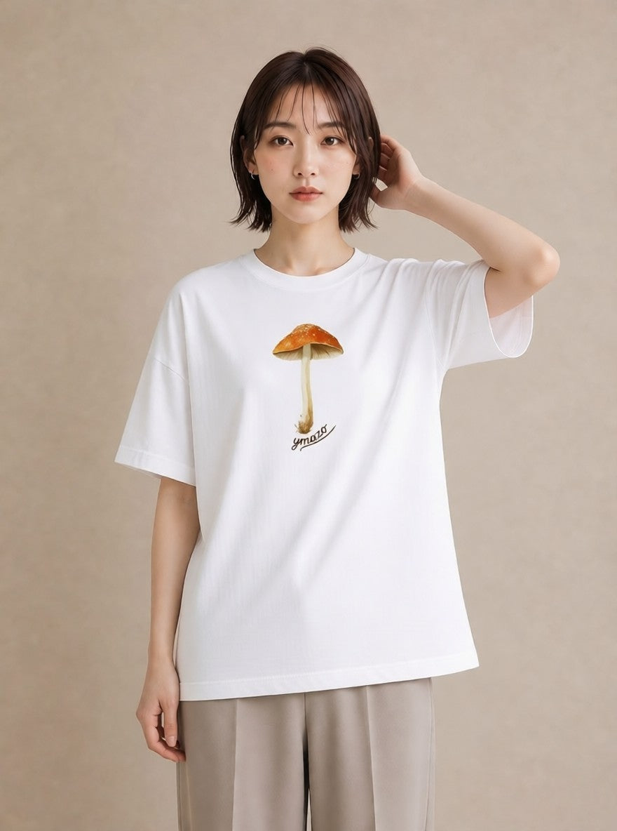 半袖Tシャツ レディース きのこ 植物 ボタニカル イラスト きれいめ お揃い 親子 白T YMAZO