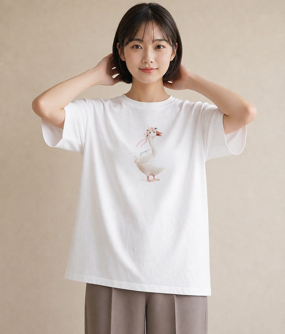 デザインTシャツ レディース アヒル 動物 アニマル イラスト 綿100 デート 白T YMAZO