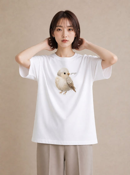 デザインTシャツ レディース 遠い家と鳥 風景 鳥 ナチュラル アンティーク イラスト 線画 母の日 ビーチ 白T YMAZO