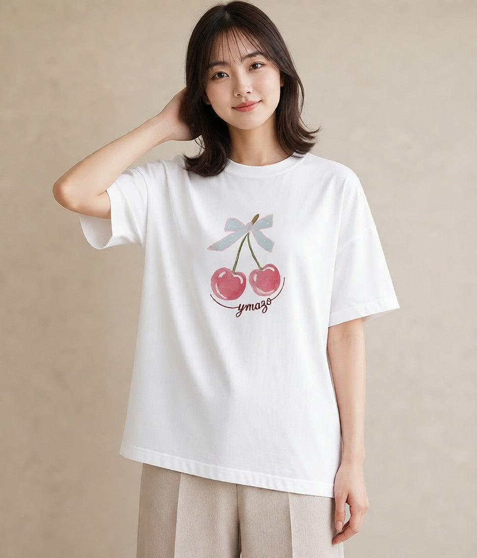 グラフィックTシャツ レディース さくらんぼ チェリー 食べ物 フード イラスト ナチュラル 海 カフェ巡り 白T YMAZO