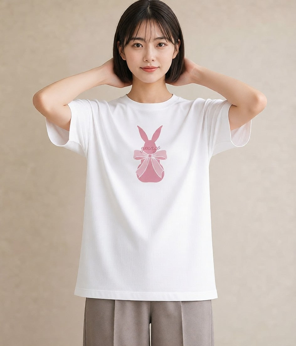 半袖Tシャツ レディース リボン 蝶結び ナチュラル アンティーク イラスト 水彩風 普段着 週末コーデ 白T YMAZO