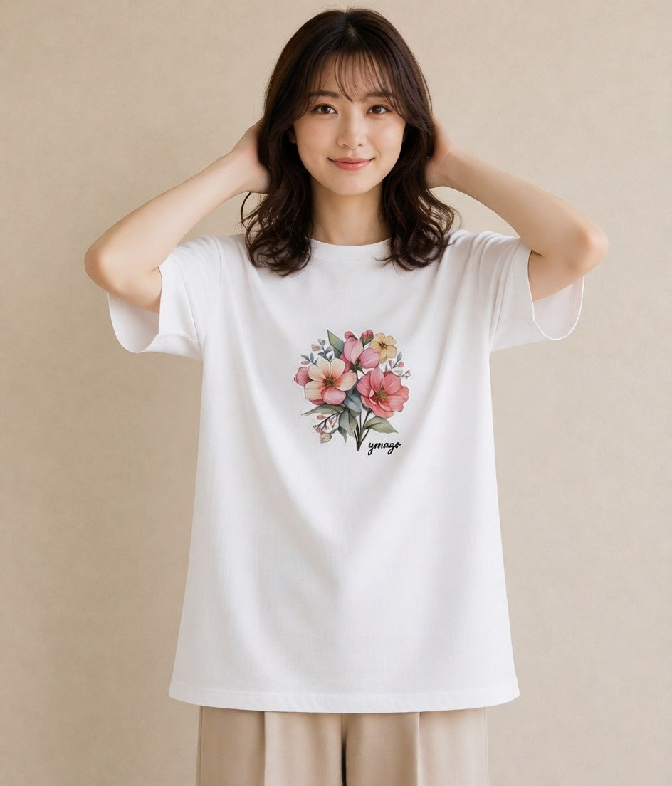 Tシャツ レディース コスモス 秋桜 花 花柄 イラスト ラフカジュアル おしゃれギフト 社会人 白T YMAZO