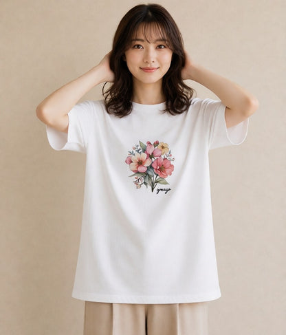 Tシャツ レディース コスモス 秋桜 花 花柄 イラスト ラフカジュアル おしゃれギフト 社会人 白T YMAZO