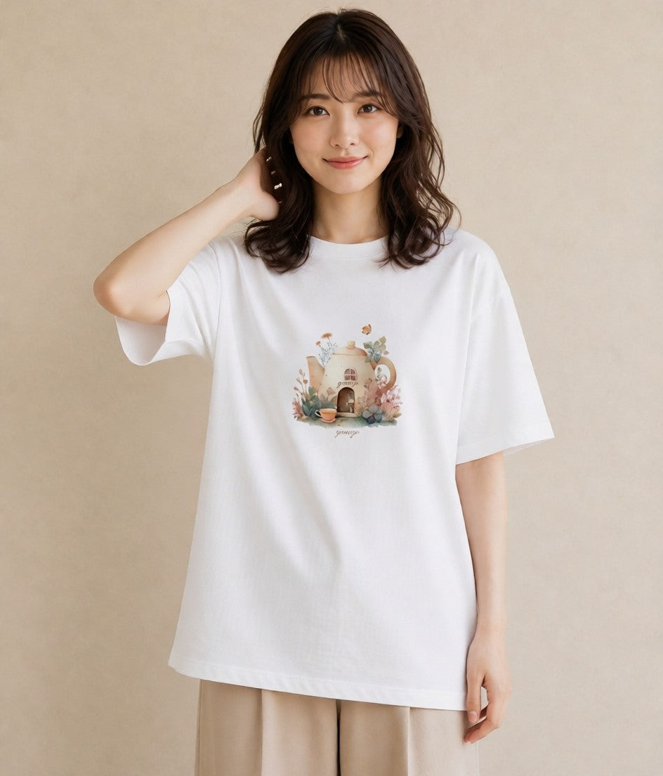 プリントTシャツ レディース 灯りの家 小屋 夜 ナチュラル アンティーク イラスト 個性的 帰省 ラフ 白T YMAZO
