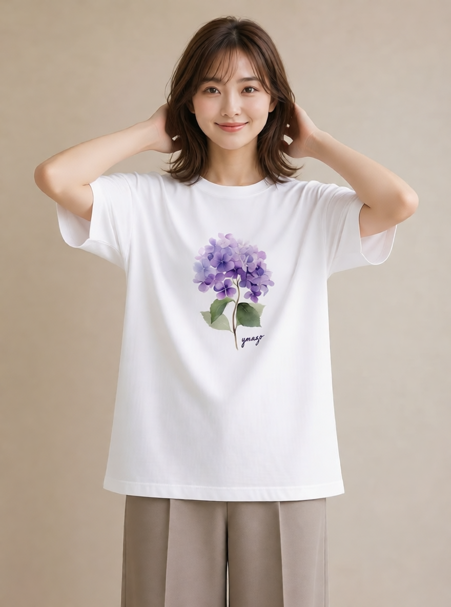デザインTシャツ レディース あじさい 紫陽花 アジサイ 花 花柄 イラスト 母娘コーデ 自分用 白T YMAZO