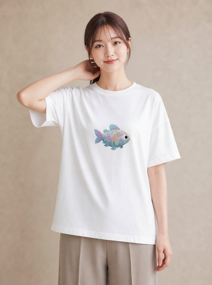 半袖Tシャツ レディース 出目金 ペット 動物 イラスト ボタニカル クリスマス 旅行 白T YMAZO