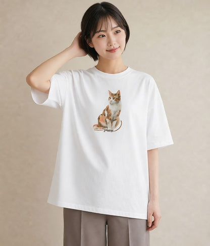 グラフィックTシャツ レディース 白猫 猫 ねこ イラスト カフェコーデ レイヤード 友達ギフト 白T YMAZO