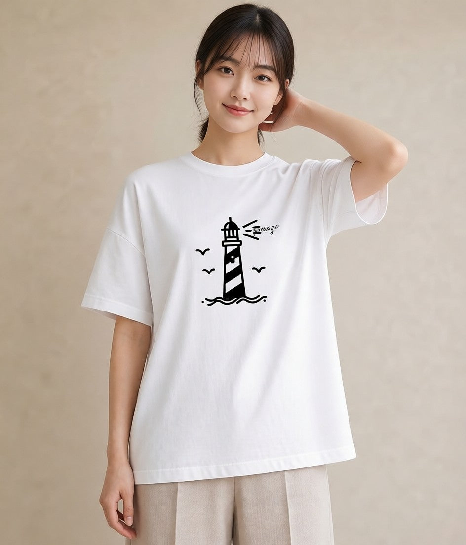 グラフィックTシャツ レディース 灯台 霧 海 ナチュラル アンティーク イラスト レイヤード 友達ギフト 白T YMAZO