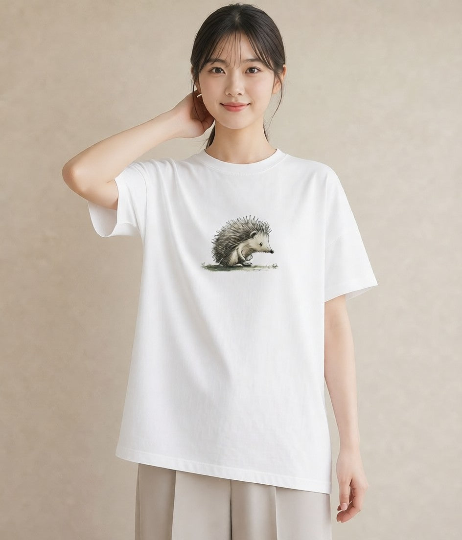 デザインTシャツ レディース ハリネズミ ペット 動物 イラスト 淡色 親子 20代 白T YMAZO