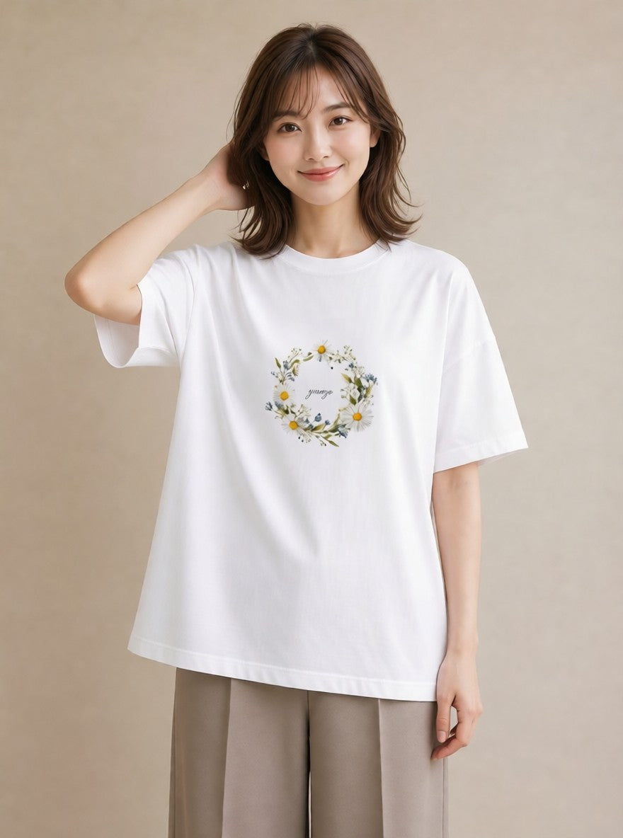 Tシャツ レディース デイジー 花 花柄 イラスト シンプル 春服 ミセス 白T YMAZO