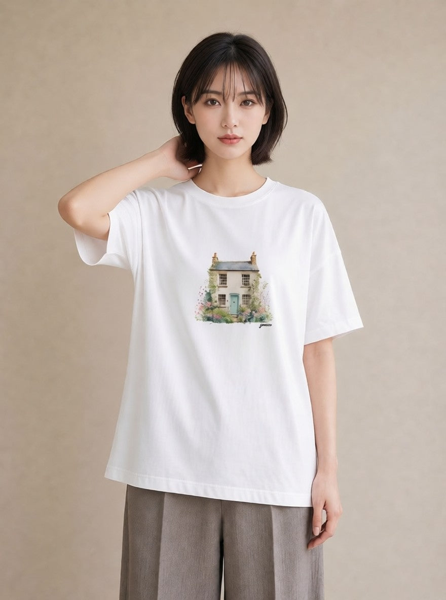 半袖Tシャツ レディース 湖畔の小屋 湖 小屋 ナチュラル アンティーク イラスト 韓国風 ママ カフェ服 白T YMAZO