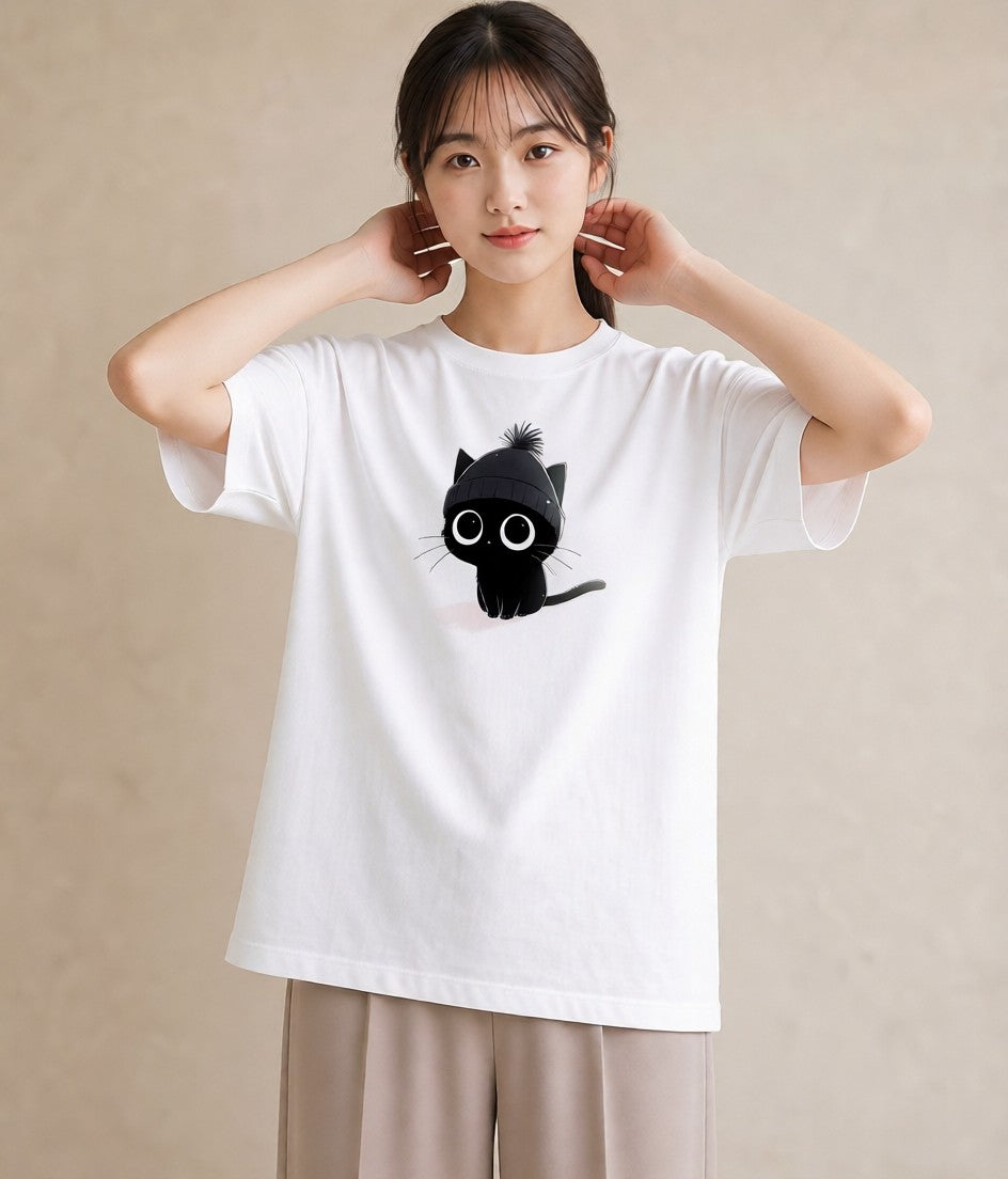 プリントTシャツ レディース 黒猫 猫 ねこ イラスト アート風 通勤 在宅 白T YMAZO
