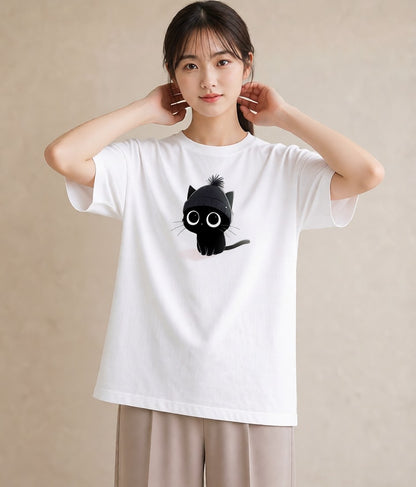 プリントTシャツ レディース 黒猫 猫 ねこ イラスト アート風 通勤 在宅 白T YMAZO