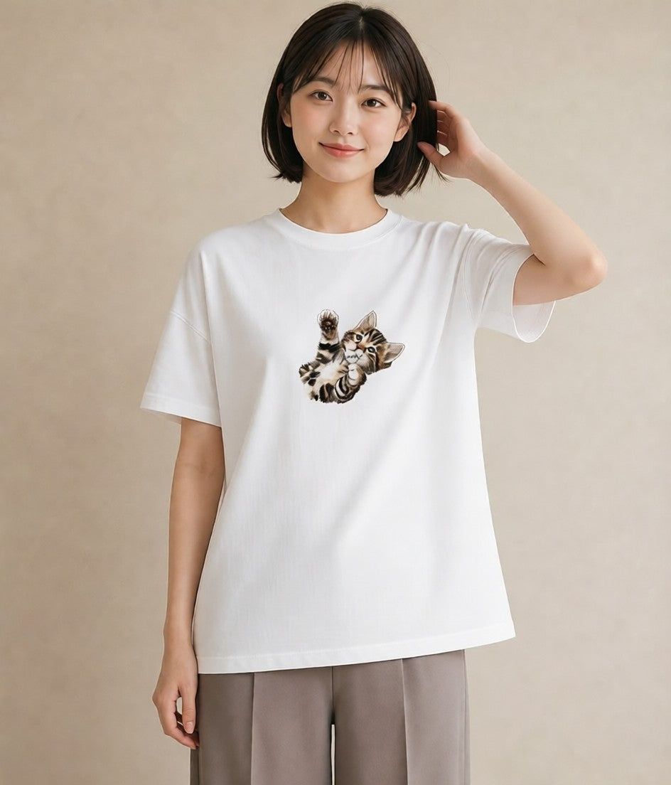 デザインTシャツ レディース サバトラ 猫 ねこ イラスト 抜け感 通学 誕生日プレゼント 白T YMAZO