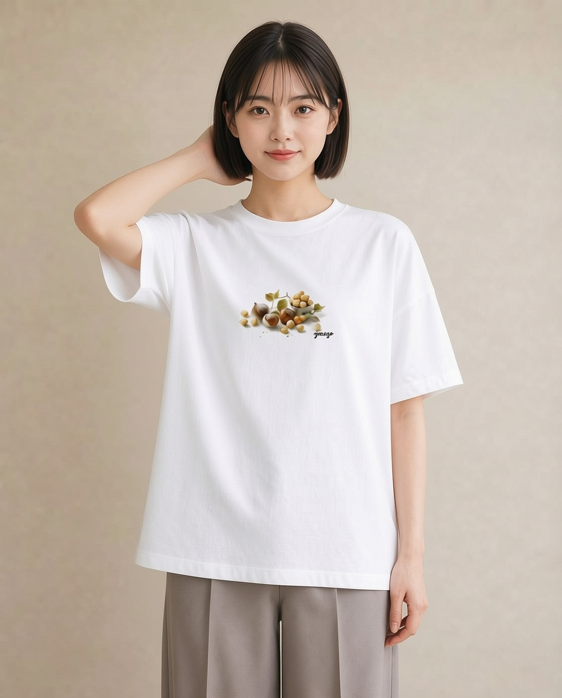 グラフィックTシャツ レディース どんぐり 植物 ボタニカル イラスト ユニーク 女性向けギフト 散歩 白T YMAZO