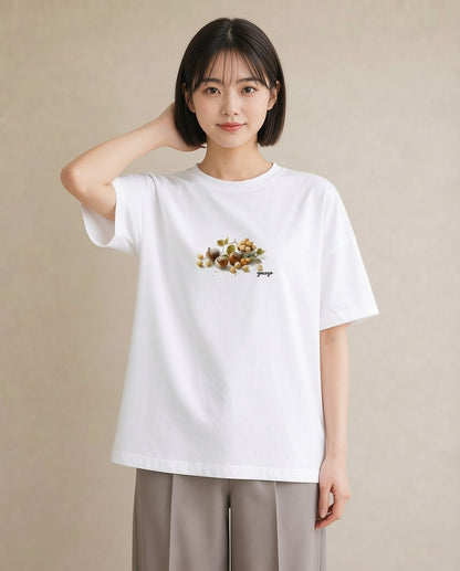 グラフィックTシャツ レディース どんぐり 植物 ボタニカル イラスト ユニーク 女性向けギフト 散歩 白T YMAZO