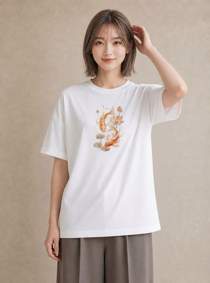 グラフィックTシャツ レディース 出目金 ペット 動物 イラスト 水彩風 デイリーウェア 休日 白T YMAZO