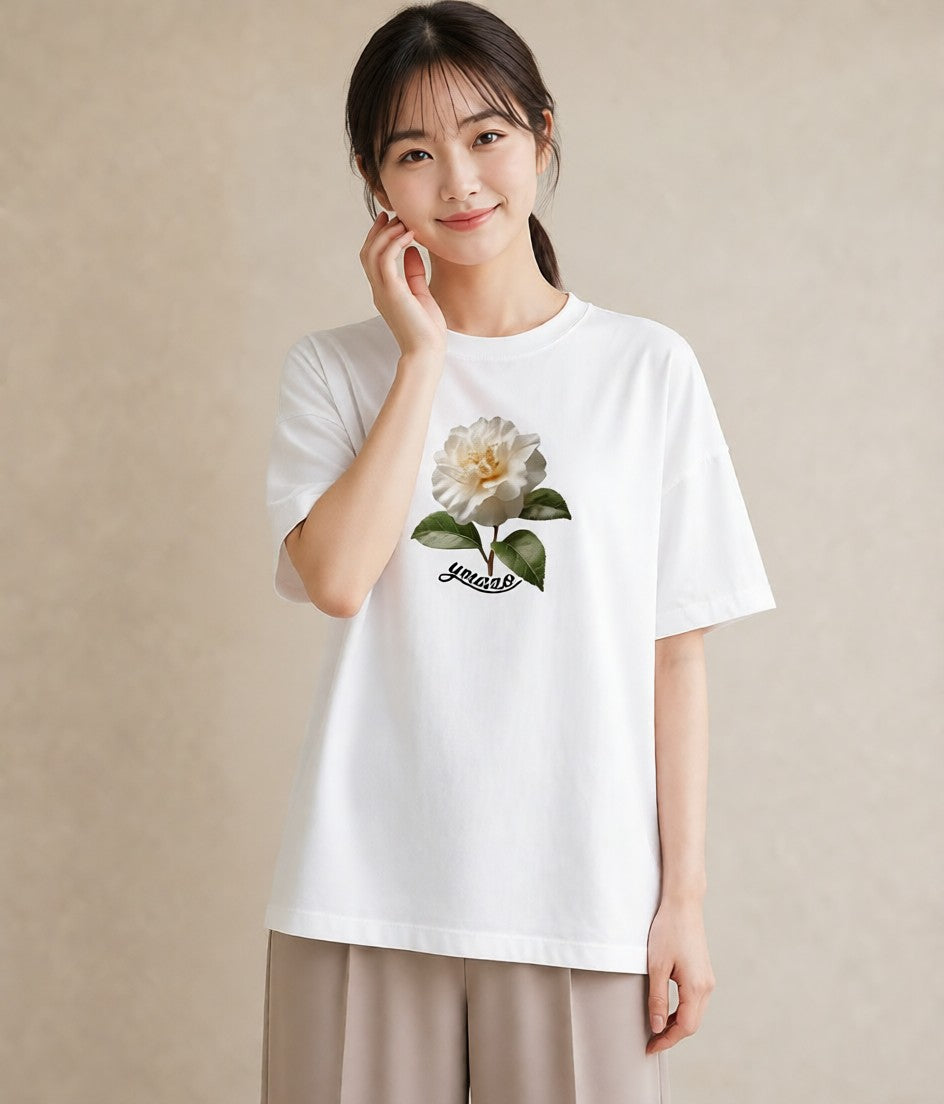 半袖Tシャツ レディース 椿 花 花柄 イラスト ミニマル デイリーウェア 休日 白T