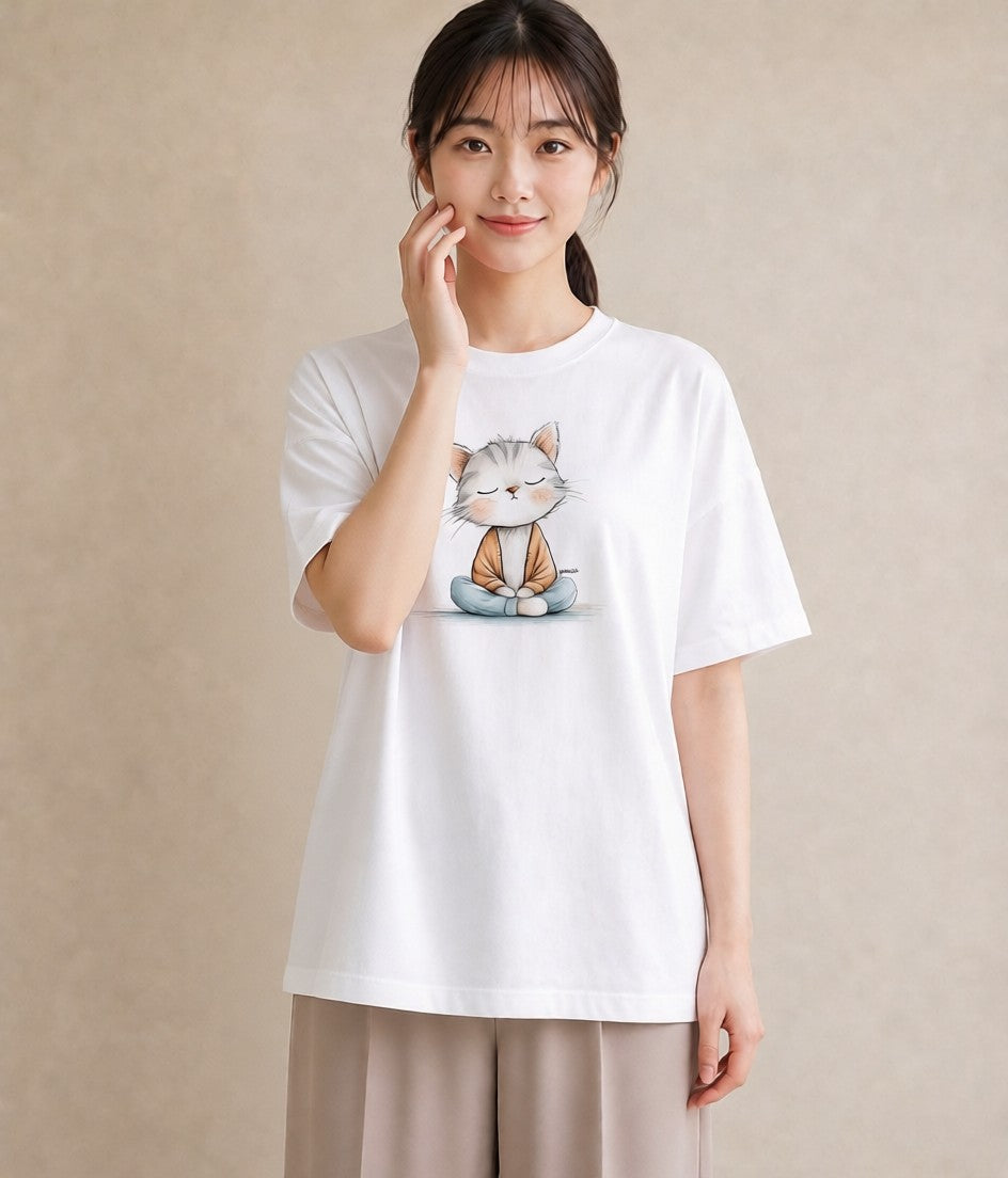 プリントTシャツ レディース おすわり猫 猫 ねこ イラスト ゆるコーデ ルームウェア ギフト 白T YMAZO