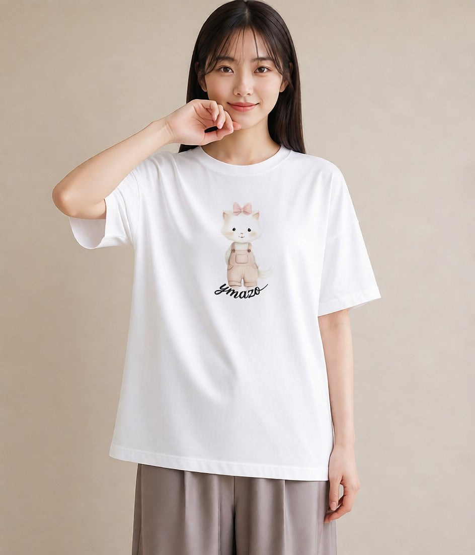 半袖Tシャツ レディース 猫好き 猫 ねこ イラスト ユニーク 旅行用 海 白T YMAZO
